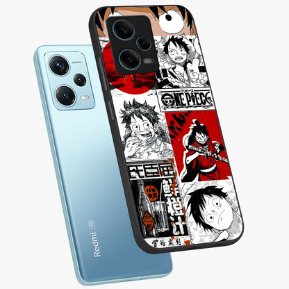 Strawhat Chaos Panels Glass Case displayed in angled mockup highlighting vibrant anime collage design with action aesthetic.