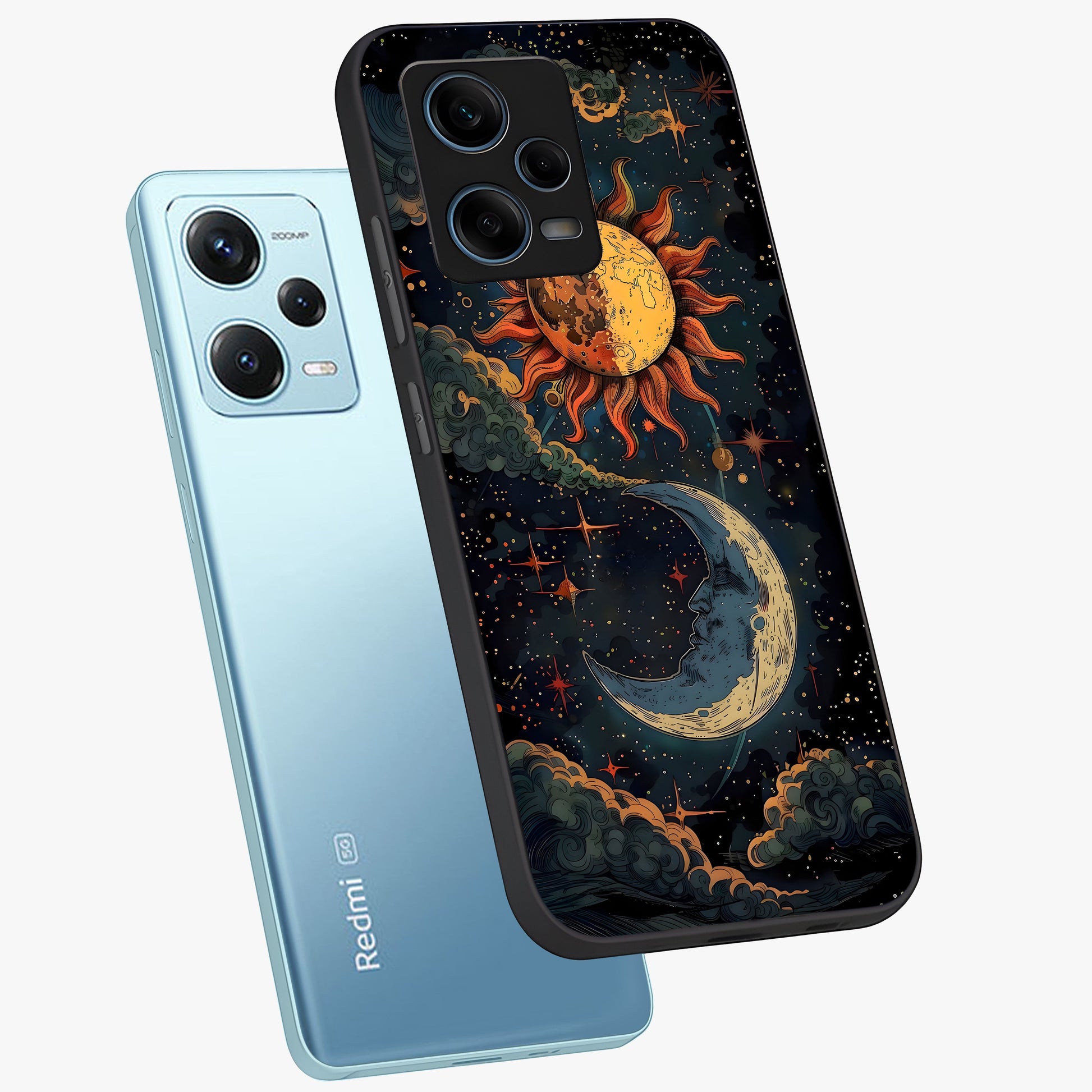 Sun And Moon Magic Design Glass Case displayed in angled mockup highlighting celestial design with magical cosmic aesthetic.