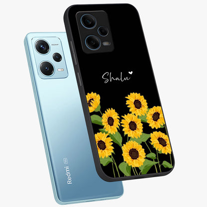 Sunflower Chic Mood Custom Name Glass Case displayed in angled mockup highlighting vibrant sunflower design with custom name feature.