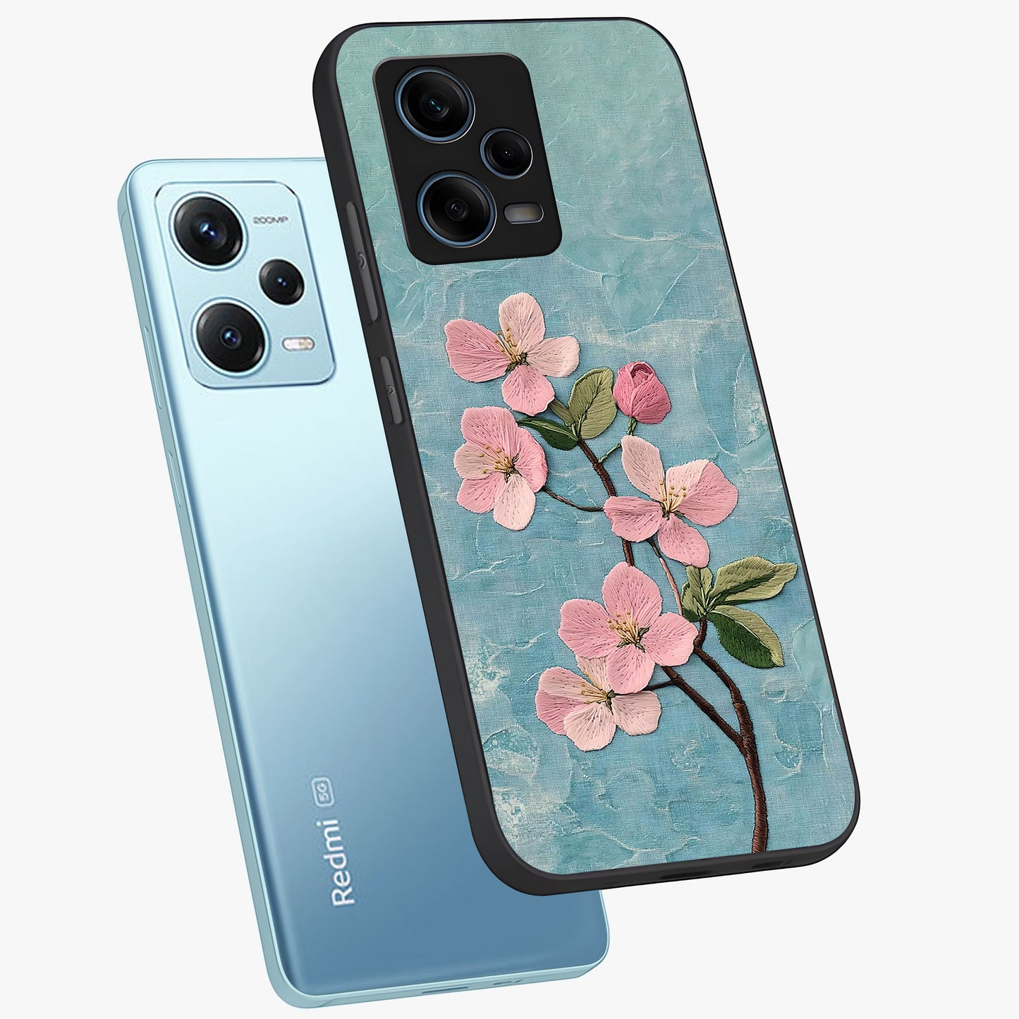 Threaded Blossom Breeze Glass Case displayed in angled mockup highlighting elegant floral design with soft aesthetic style.