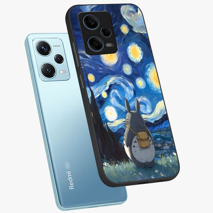Totoro In Van Gogh Art Glass Case displayed in angled mockup highlighting artistic swirling sky design with playful animation aesthetic.