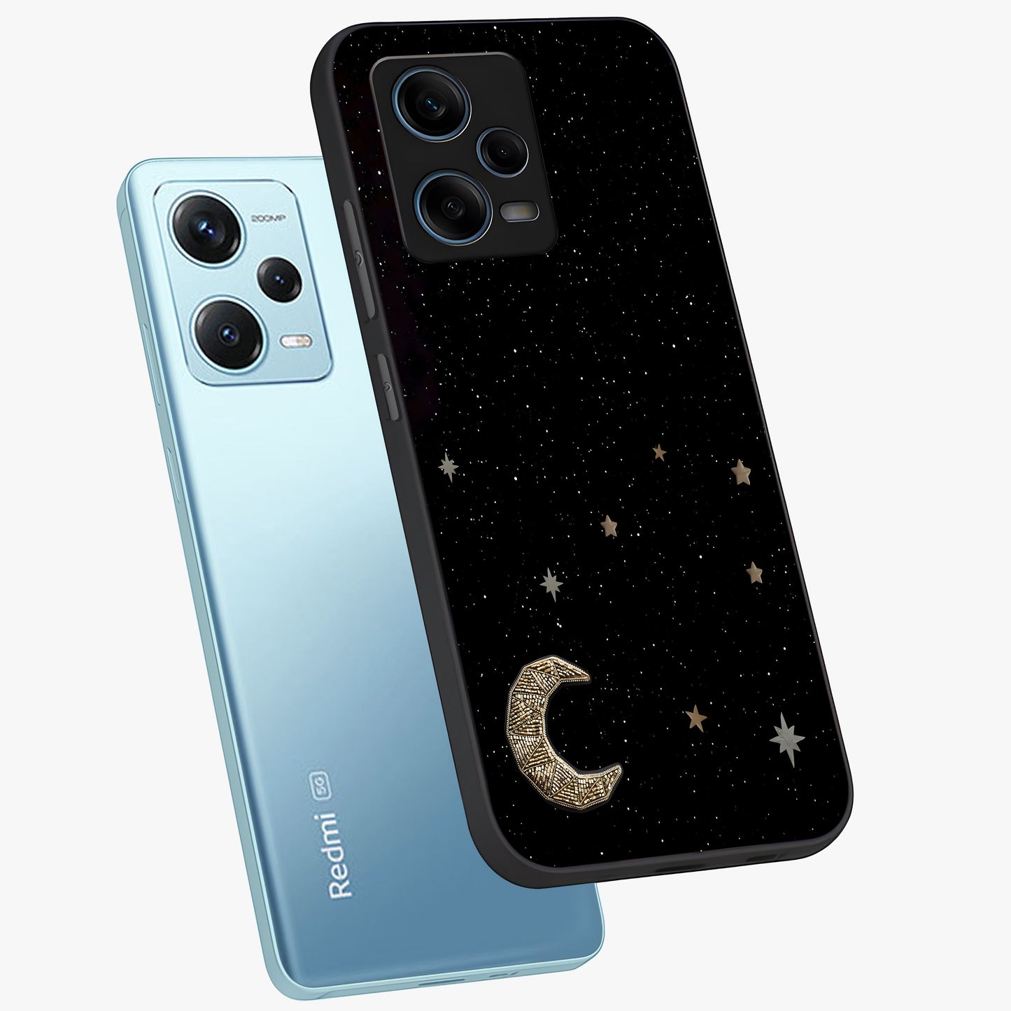 Twinkle Star With Half Moon Glass Case displayed in angled mockup highlighting celestial moon and star design with magical aesthetic.