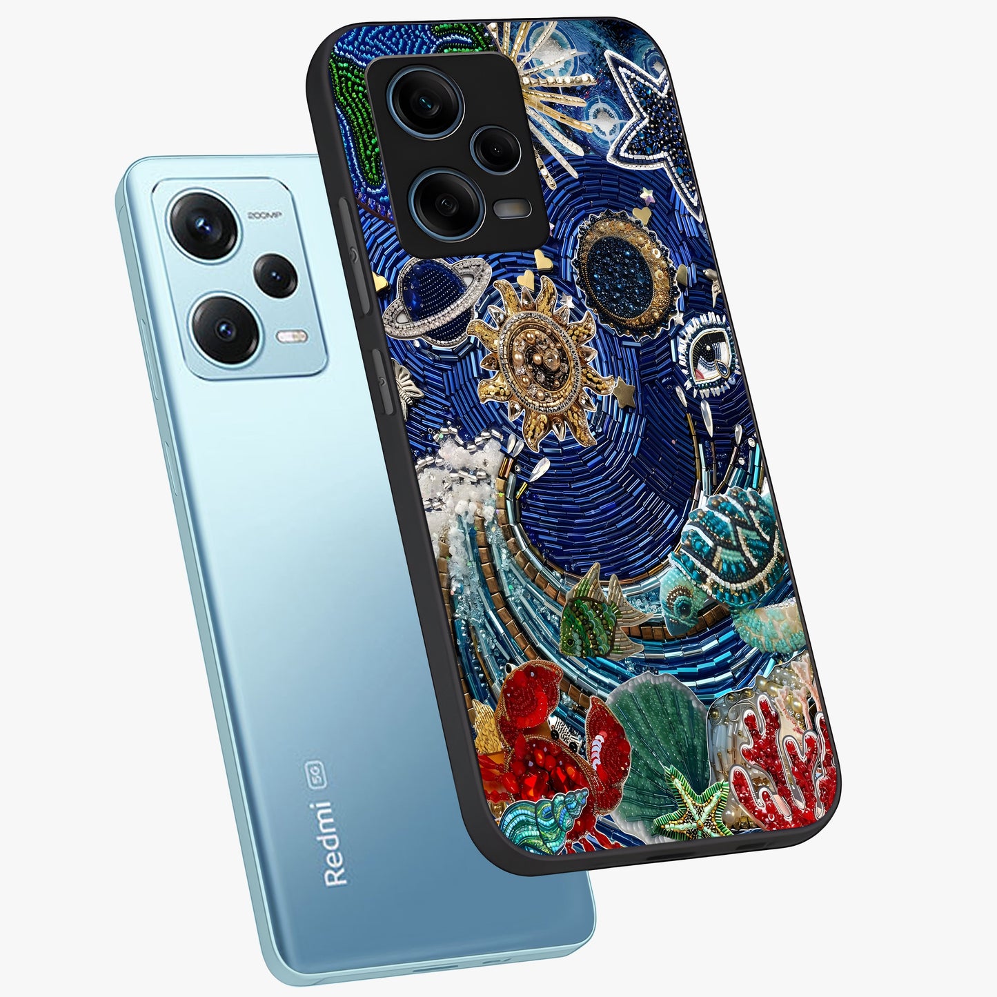 Universe Underwater Spark Glass Case displayed in angled mockup highlighting glowing aquatic design with celestial aesthetic.