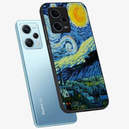 Van Gogh Art Glass Case displayed in angled mockup highlighting swirling brushstroke design with artistic aesthetic.