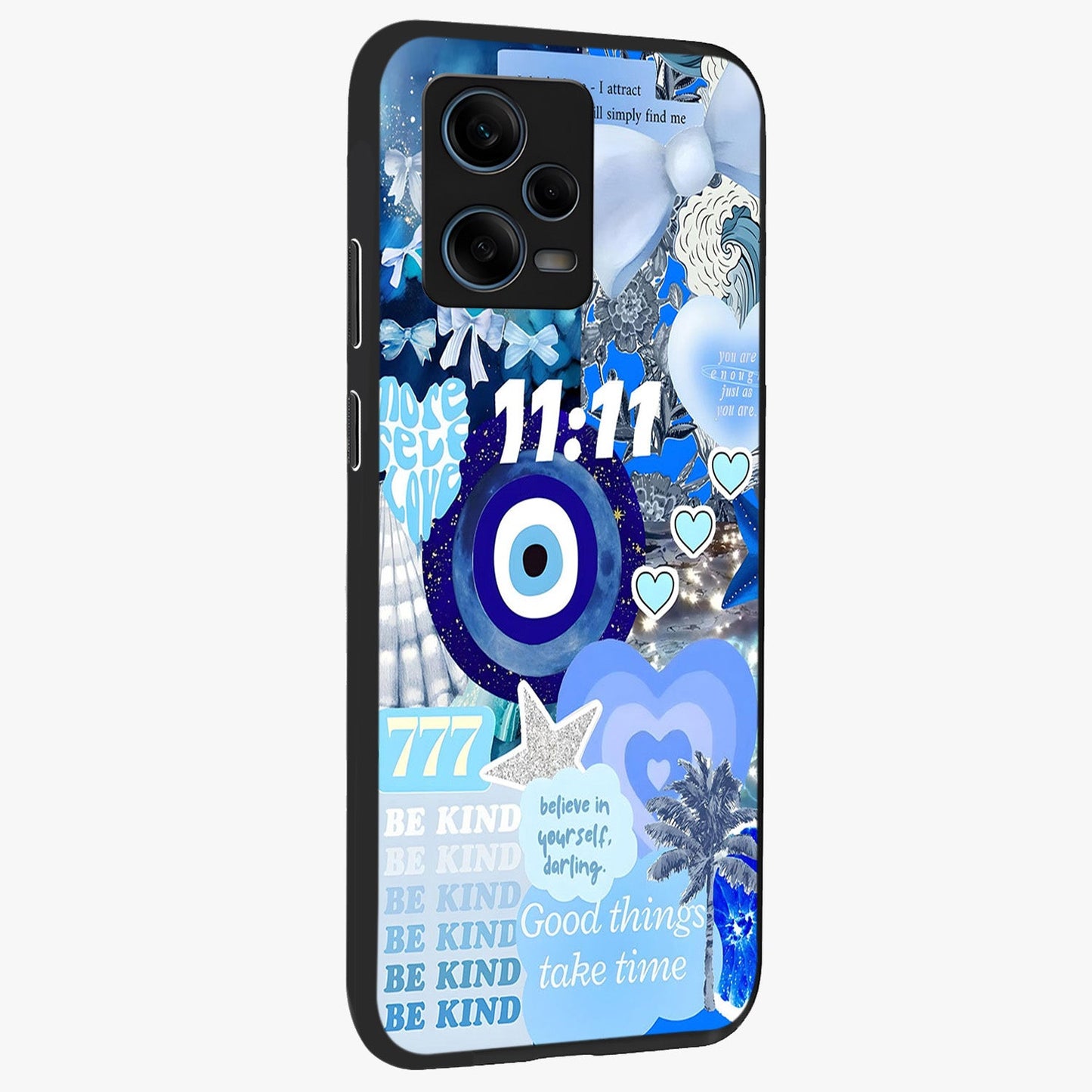 Aesthetic Be Kind Eye Glass Case upright view showcasing stylish eye illustration with positive message theme.