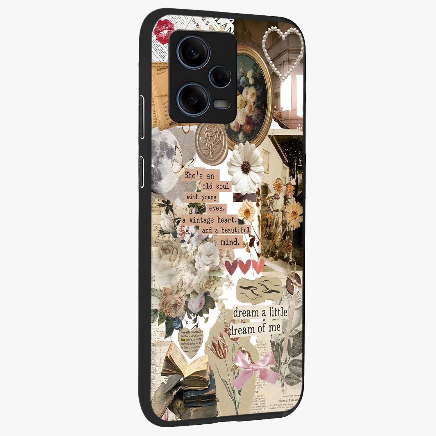 Aesthetic Brown Vintage Collage Glass Case upright view showcasing nostalgic retro artwork with stylish vintage theme.