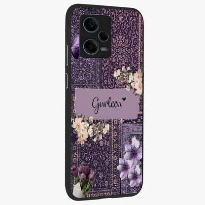 Antique Floral Whisper Custom Name Glass Case upright view showcasing delicate floral artwork with custom name feature.