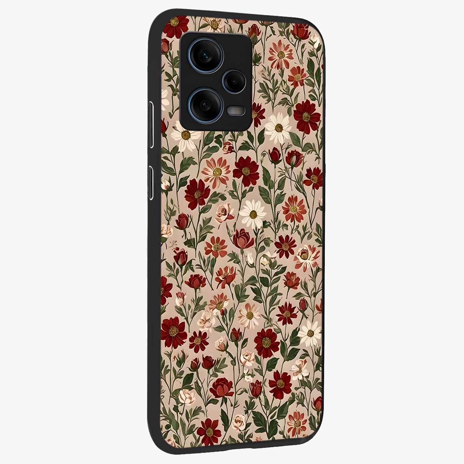 Biege Flower With Leaf Glass Case upright view showcasing delicate beige flower illustration with clean botanical style.