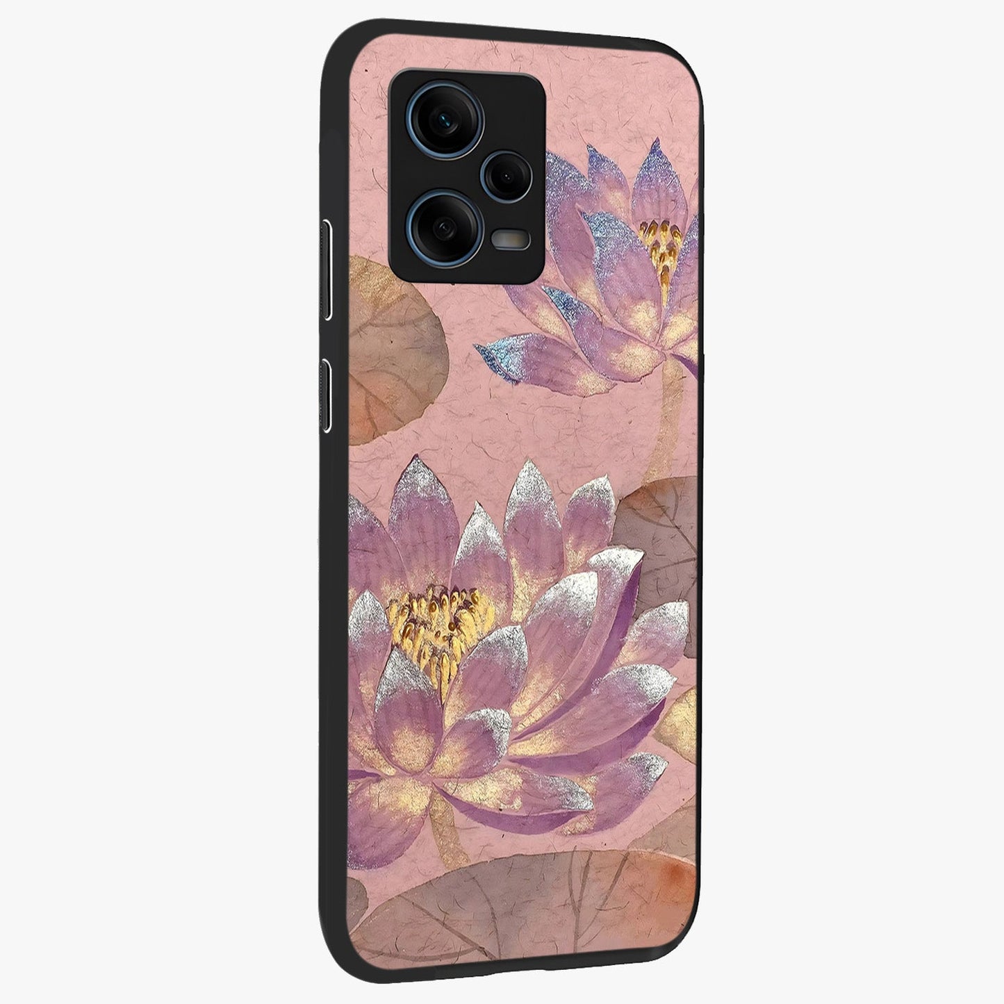 Blossom Mist Lotus Glass Case upright view showcasing graceful lotus flower design with peaceful botanical style.