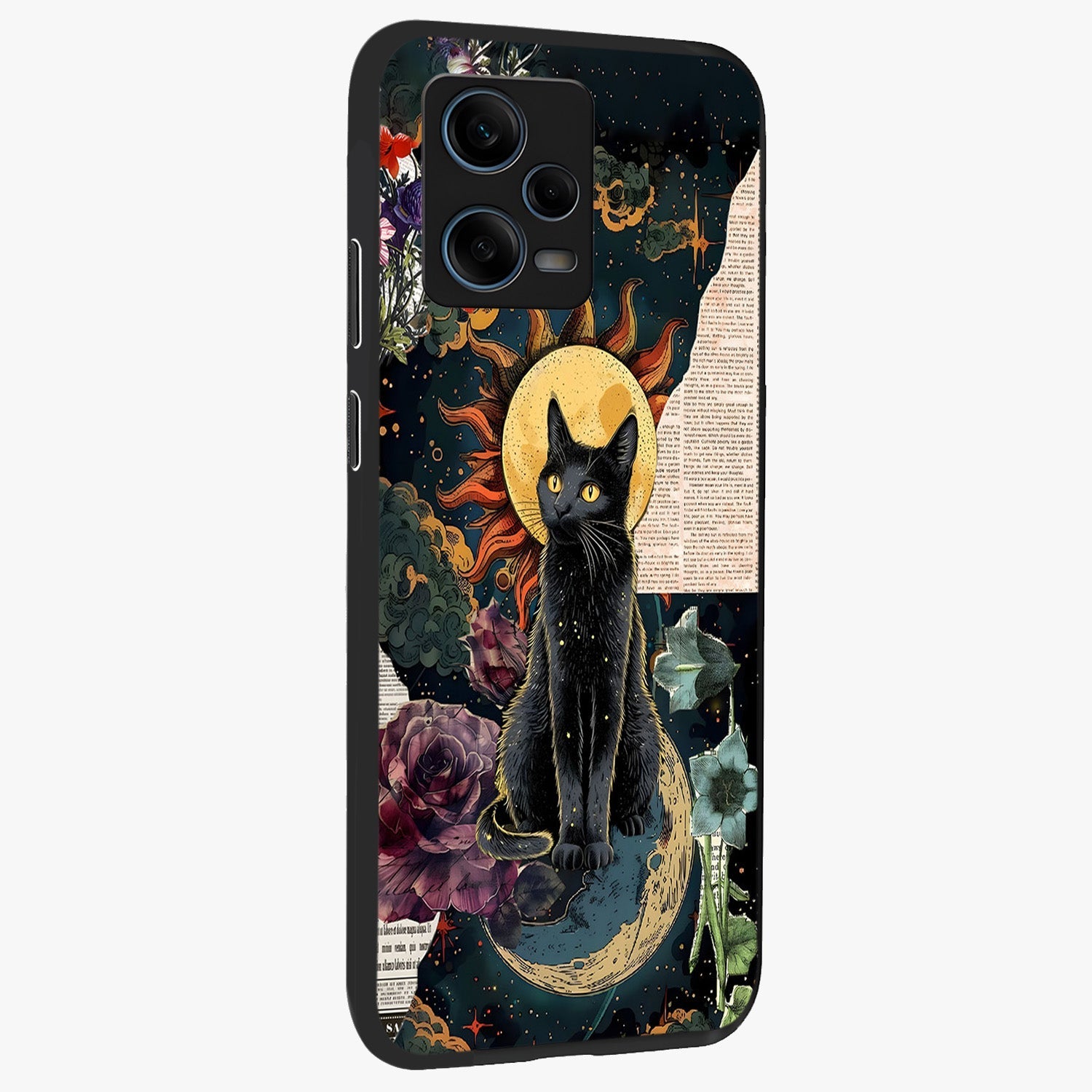 Celestial Black Cat Glass Case upright view showcasing magical black cat illustration with starry cosmic theme.
