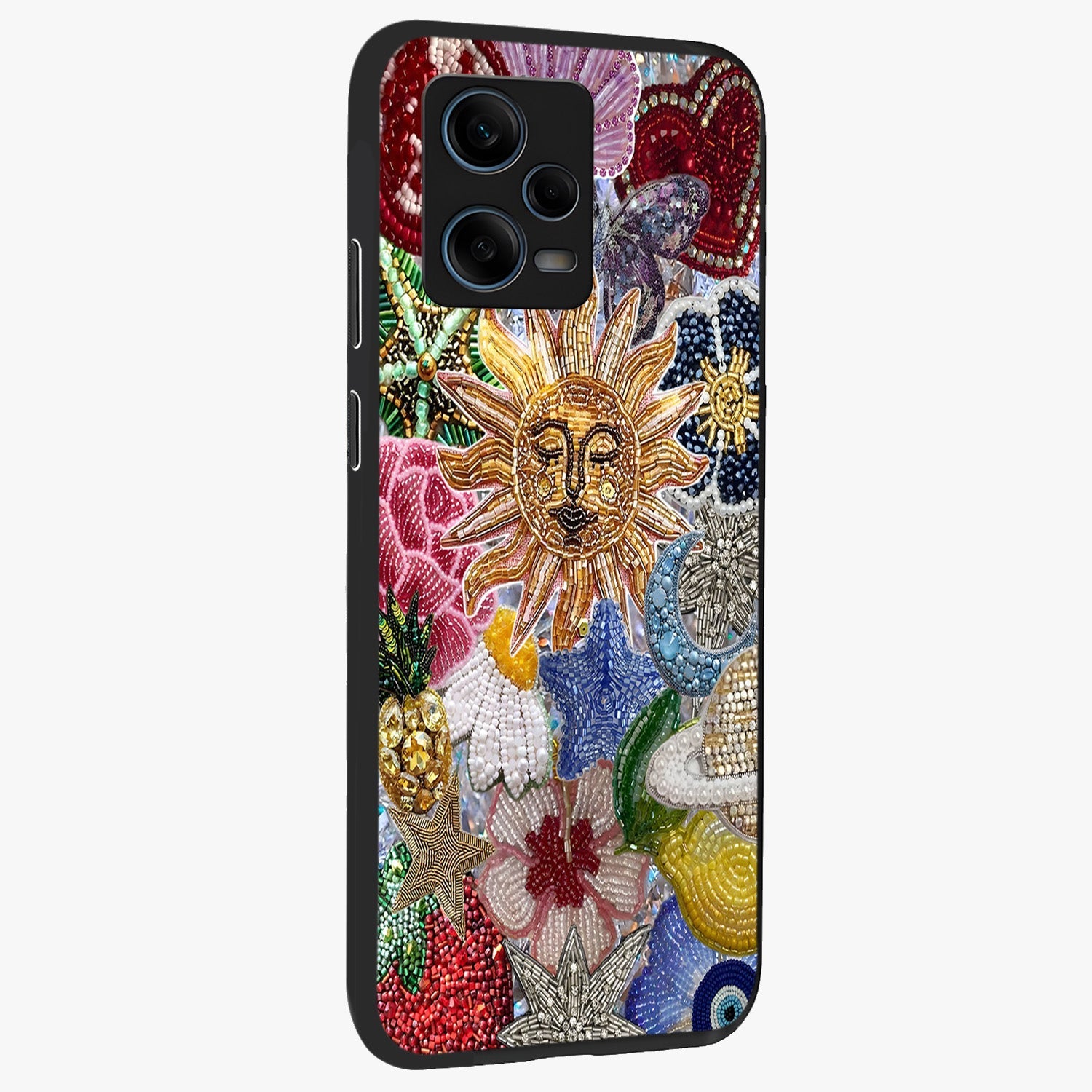 Celestial Floral and Playful Glass Case upright view showcasing whimsical floral artwork with cosmic aesthetic theme.
