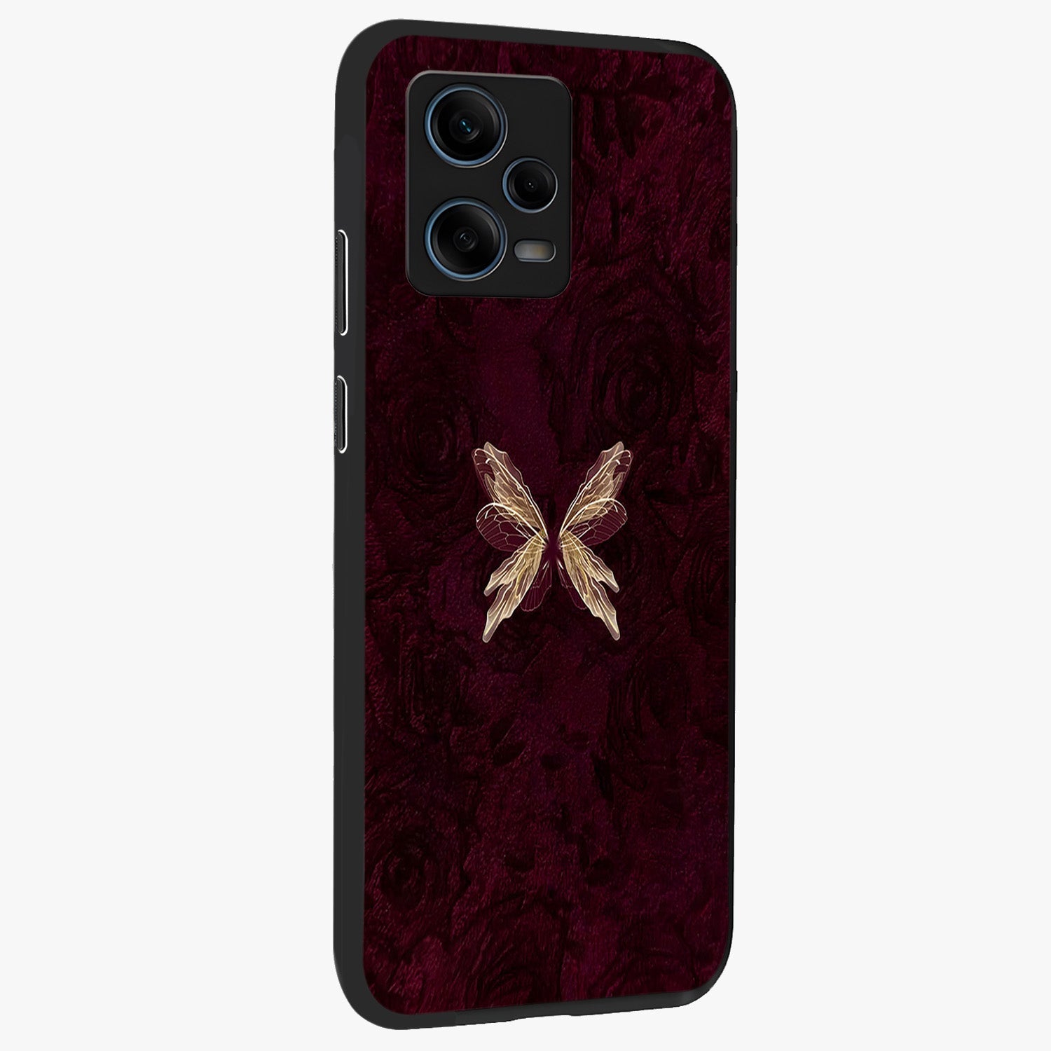 Crimson Fade Butterfly Glass Case upright view showcasing graceful butterfly artwork with soft crimson fade effect.