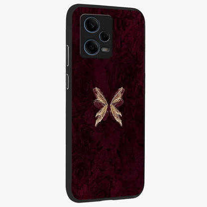 Crimson Fade Butterfly Glass Case upright view showcasing graceful butterfly artwork with soft crimson fade effect.