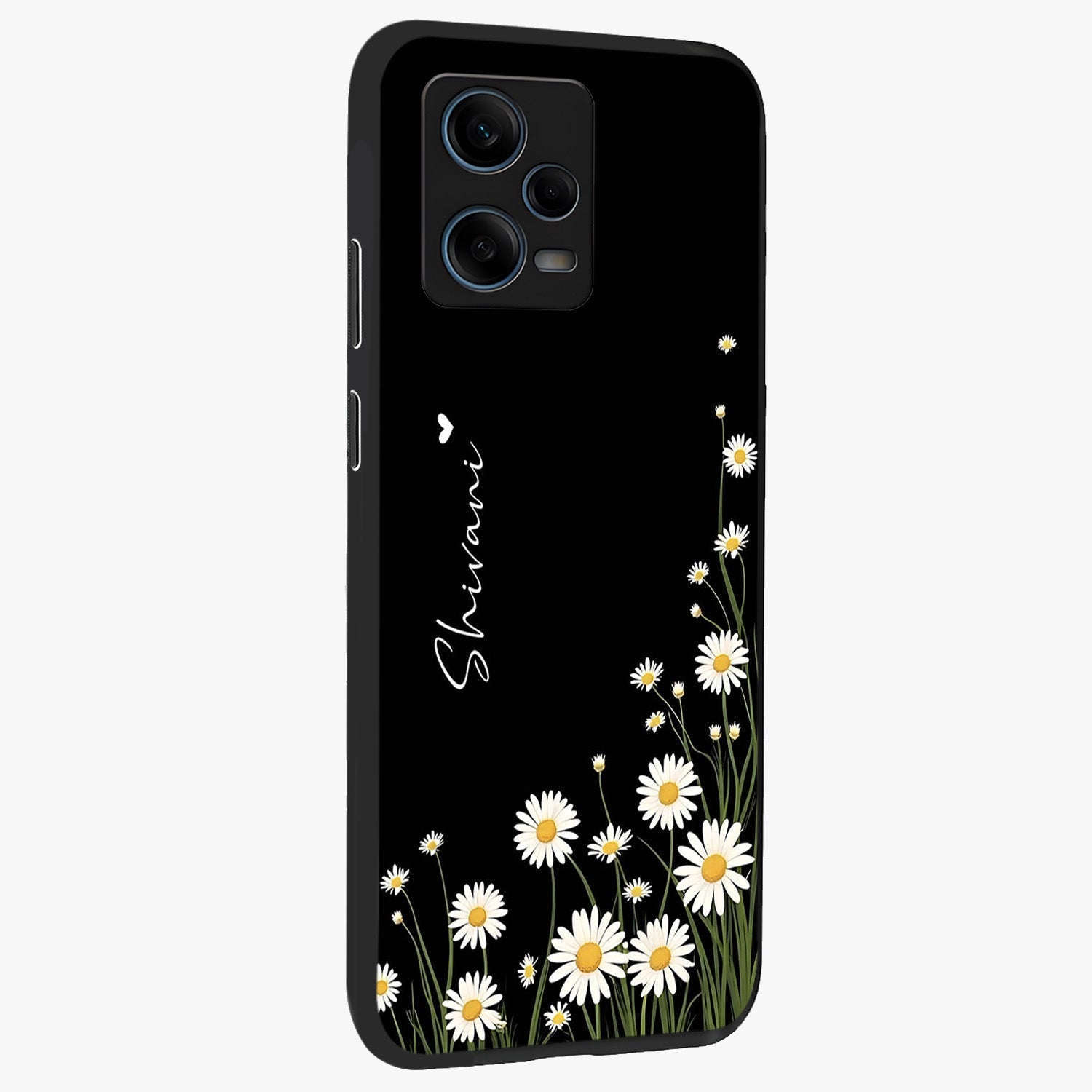 Daisy Cascade Custom Name Glass Case upright view showcasing elegant floral cascade design with personalized aesthetic.