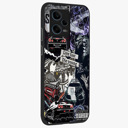 Die Young Glass Case upright view showcasing striking typography artwork with modern statement theme.