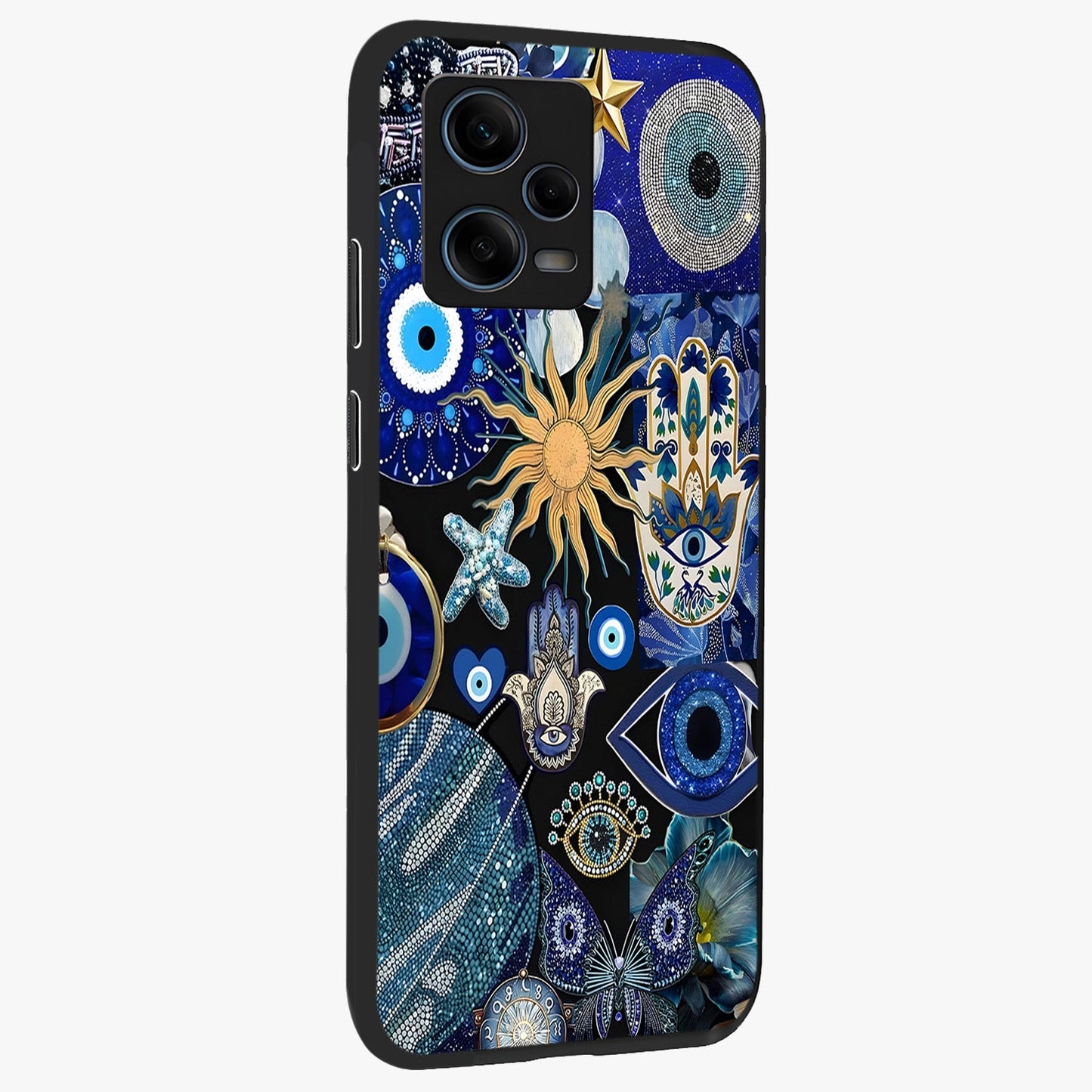Evil Eye Charm Mix Glass Case upright view showcasing mystical evil eye pattern with vibrant decorative style.