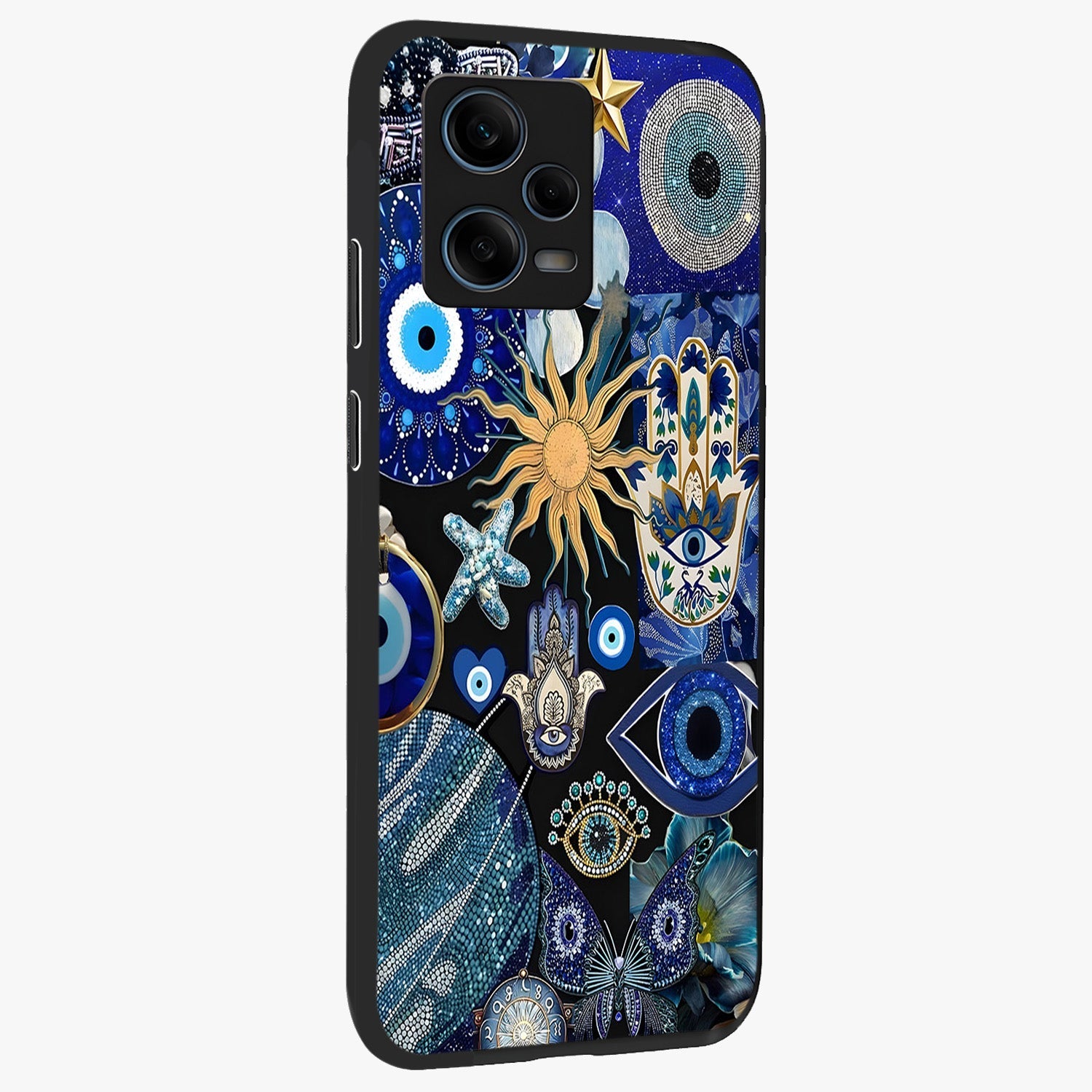 Evil Eye Charm Mix Glass Case upright view showcasing mystical evil eye pattern with vibrant decorative style.
