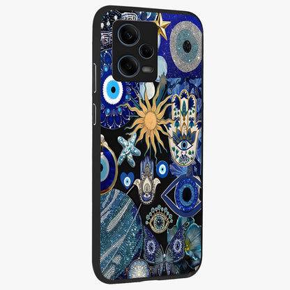 Evil Eye Charm Mix Glass Case upright view showcasing mystical evil eye pattern with vibrant decorative style.
