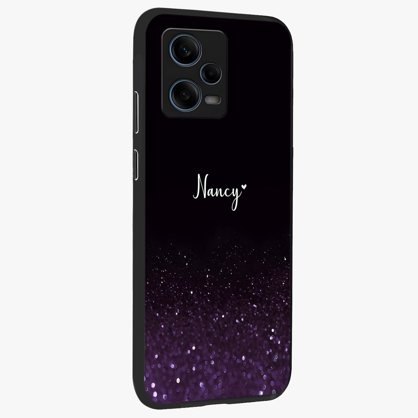 Glittery Purple Bokeh Custom Name Glass Case upright view showcasing vibrant purple sparkle artwork with personalized aesthetic style.