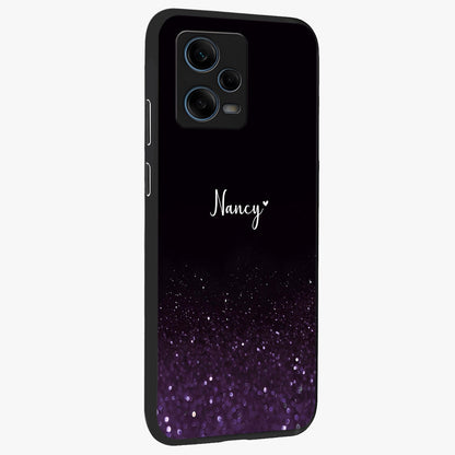 Glittery Purple Bokeh Custom Name Glass Case upright view showcasing vibrant purple sparkle artwork with personalized aesthetic style.