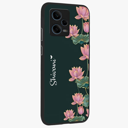 Lotus Bloom Serenity Custom Name Glass Case upright view showcasing serene lotus bloom artwork with personalized floral aesthetic.