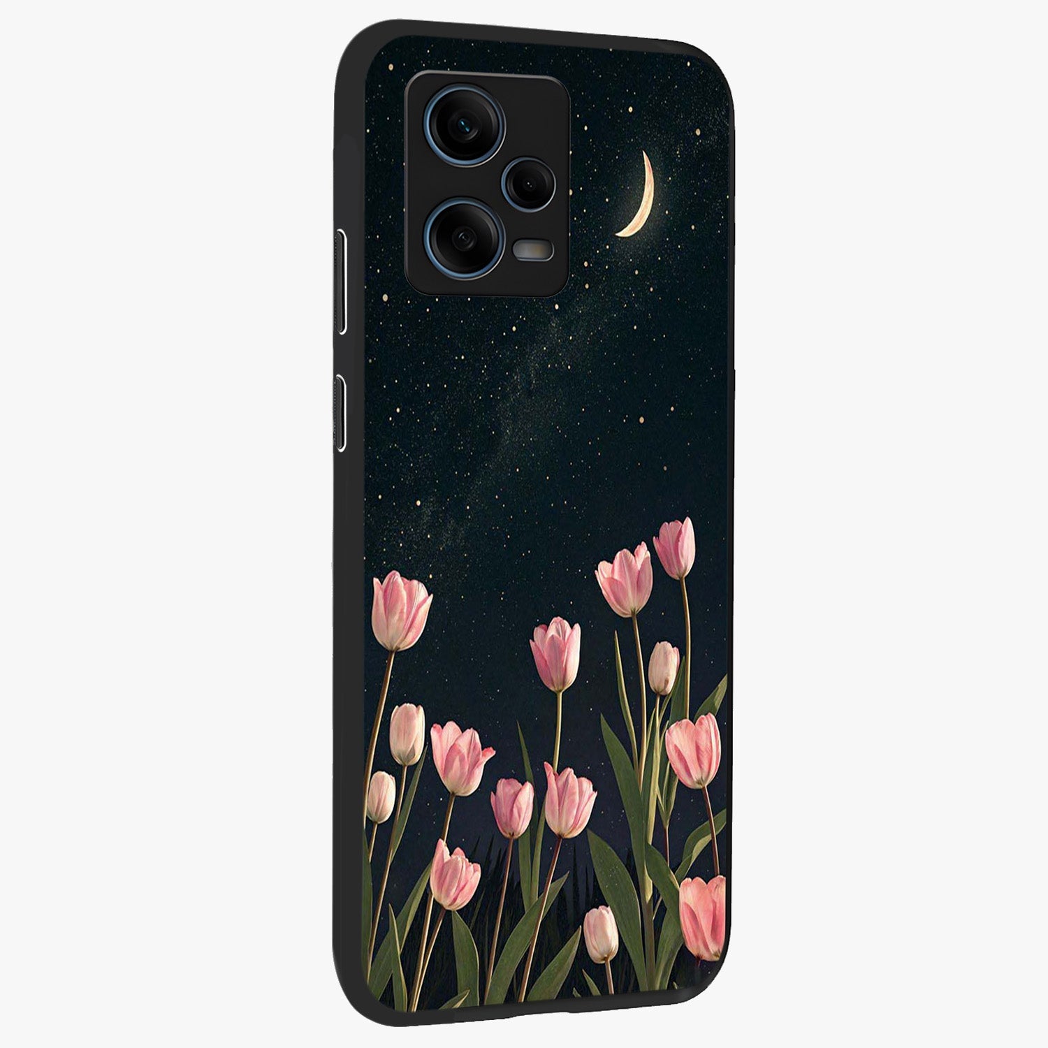 Midnight Tulip Whispers Vibe Glass Case upright view showcasing graceful tulip artwork with calm botanical theme.
