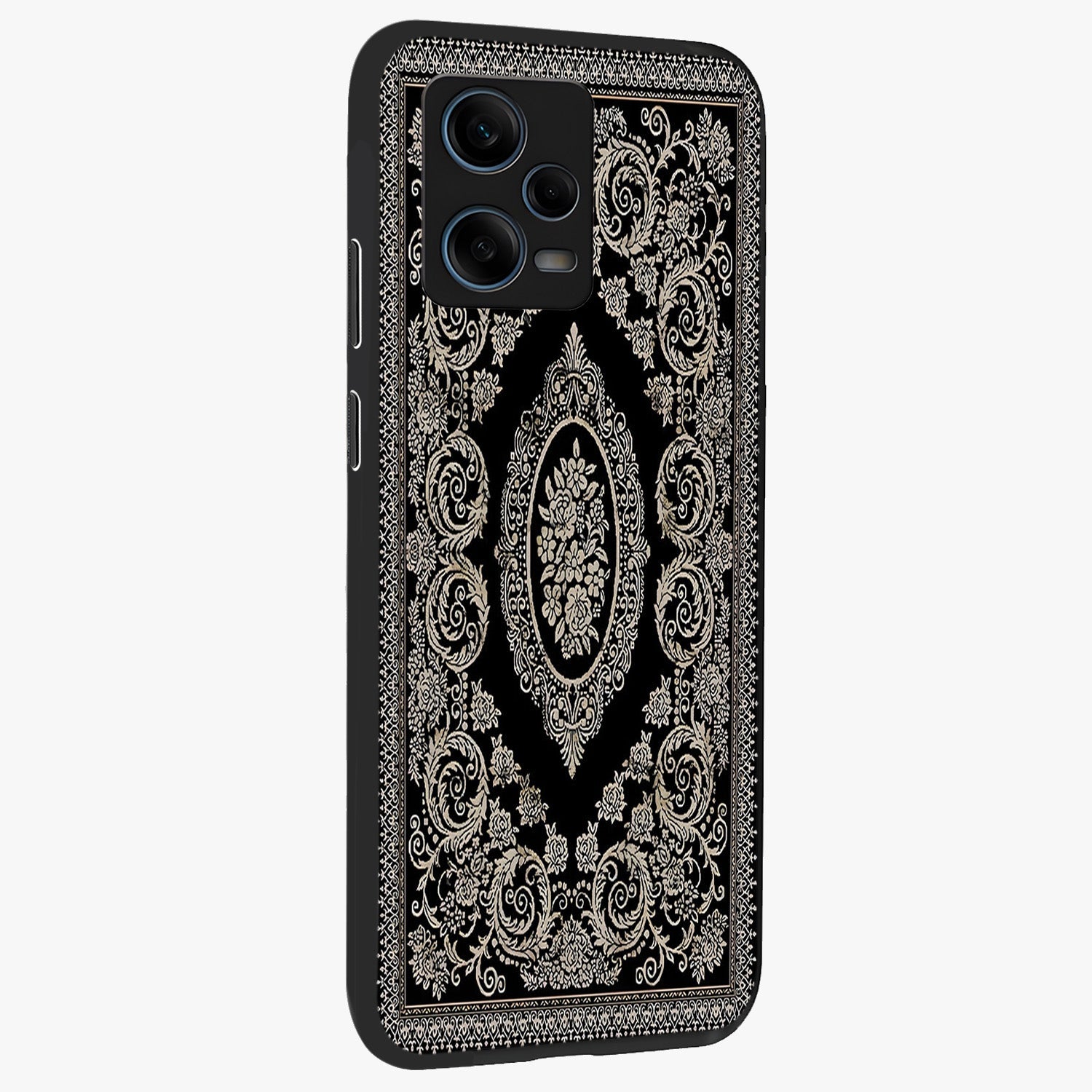 Noir Bloom Elegance Glass Case upright view showcasing graceful floral artwork with luxurious dark theme.