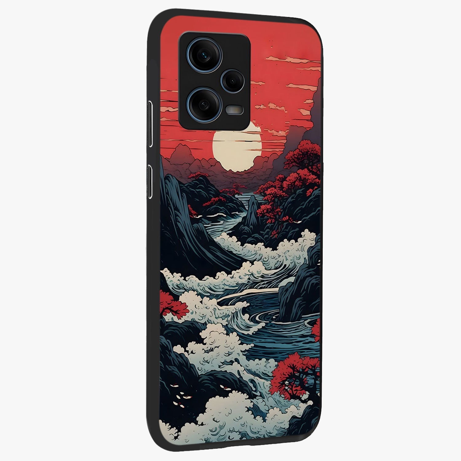 Red Sunset Scenery Glass Case upright view showcasing dramatic sunset scenery artwork with warm nature theme.