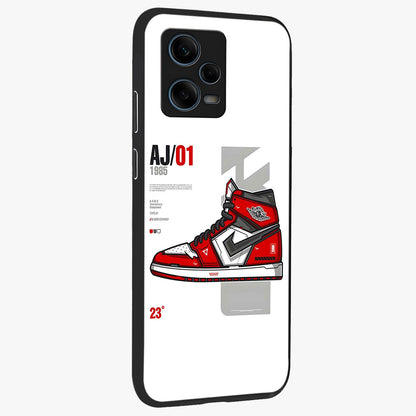Retro Sneaker Blueprint Glass Case upright view showcasing stylish sneaker illustration with vintage streetwear theme.