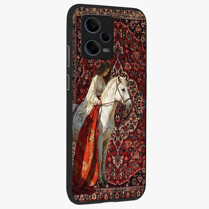 Royal Rider Tapestry Glass Case upright view showcasing detailed rider artwork with classic tapestry theme.