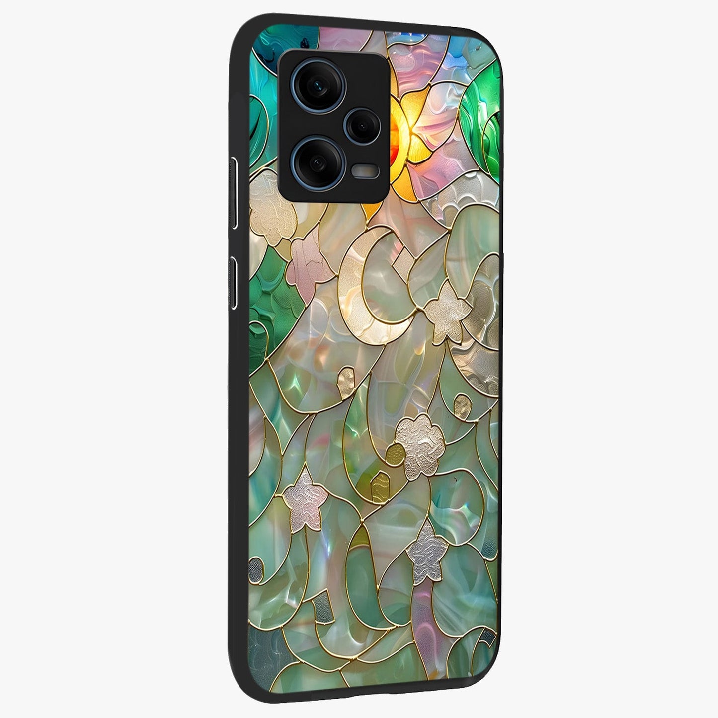 Stained Sunrise Glow Glass Case upright view showcasing colorful sunrise artwork with warm morning theme.