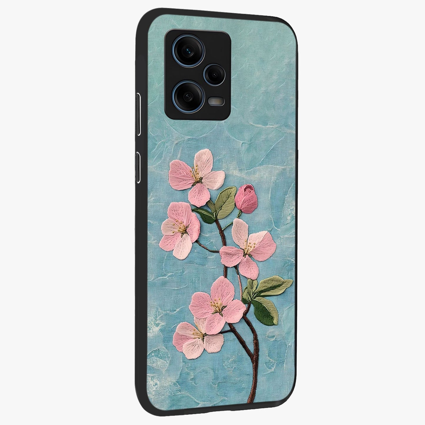 Threaded Blossom Breeze Glass Case upright view showcasing graceful flower artwork with calm botanical theme.
