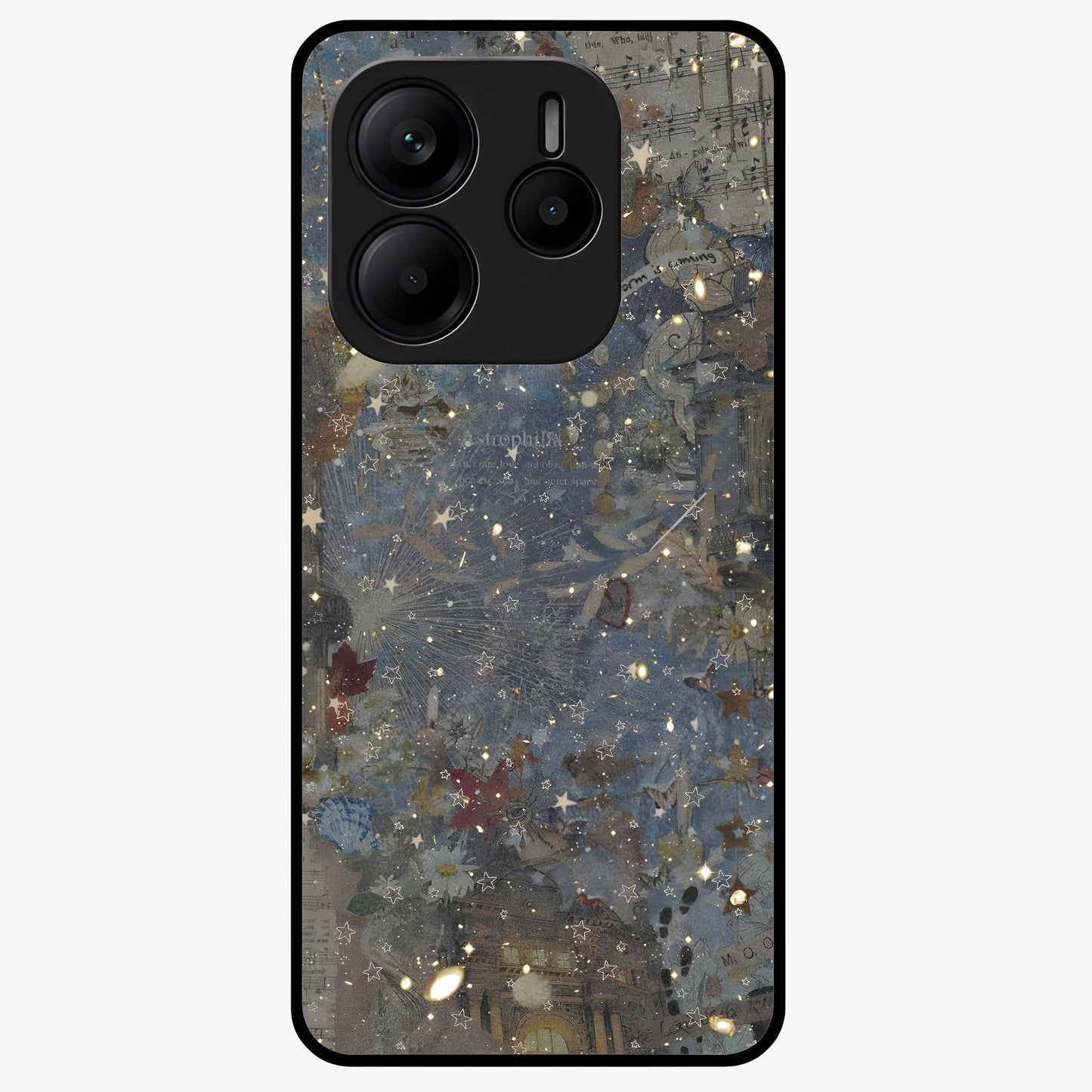 Aesthetic Astrolophia Glass Case showing flat back view with dreamy aesthetic design and glossy glass finish.