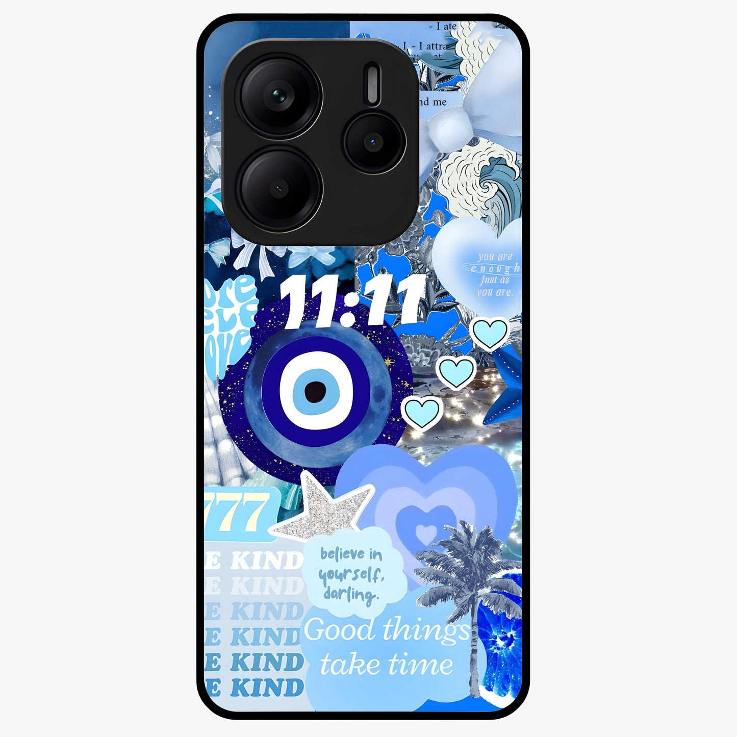 Aesthetic Be Kind Eye Glass Case showing flat back view with motivational eye artwork and glossy glass finish.