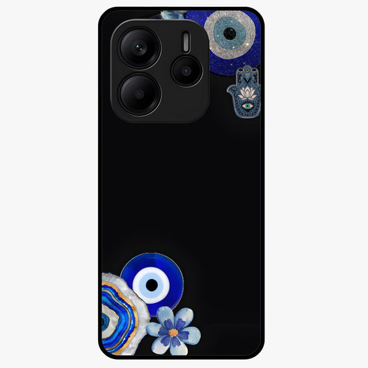 Aesthetic Blue Evil Eye Glass Case showing flat back view with protective evil eye artwork and glossy glass finish.