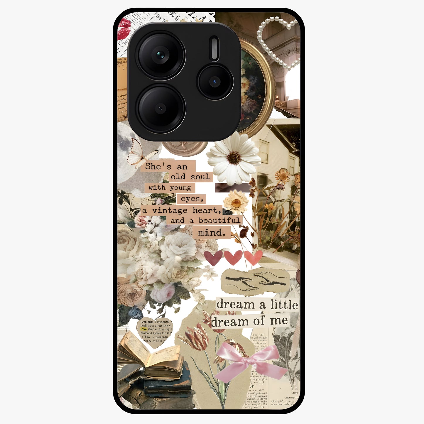 Aesthetic Brown Vintage Collage Glass Case showing flat back view with retro collage artwork and glossy glass finish.