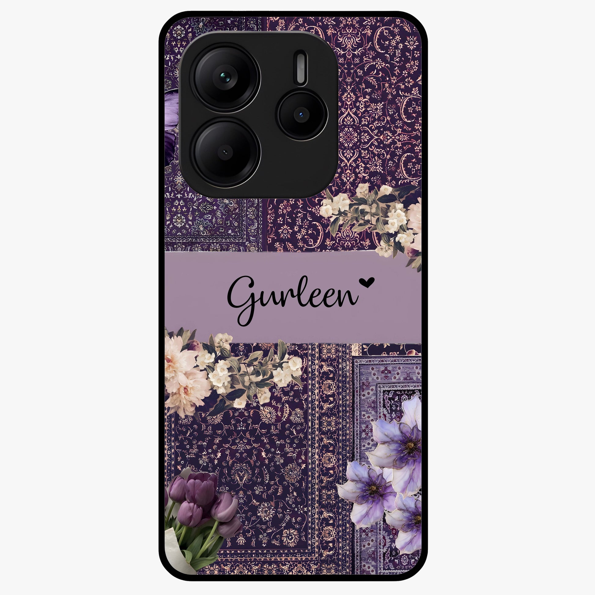 Antique Floral Whisper Custom Name Glass Case showing flat back view with vintage floral artwork and personalized name design.