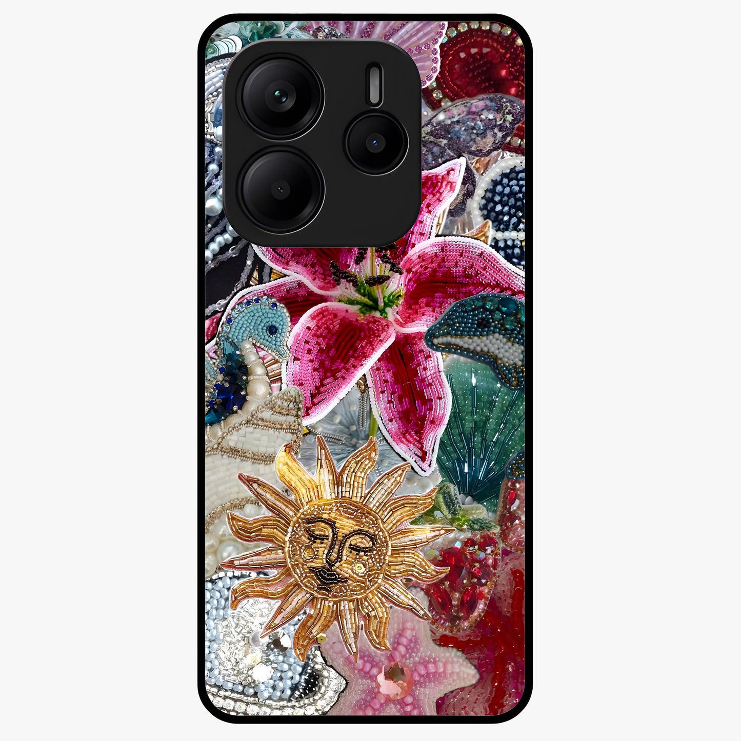 Beaded Garden Fantasy Glass Case showing flat back view with dreamy garden bead artwork and glossy glass finish.