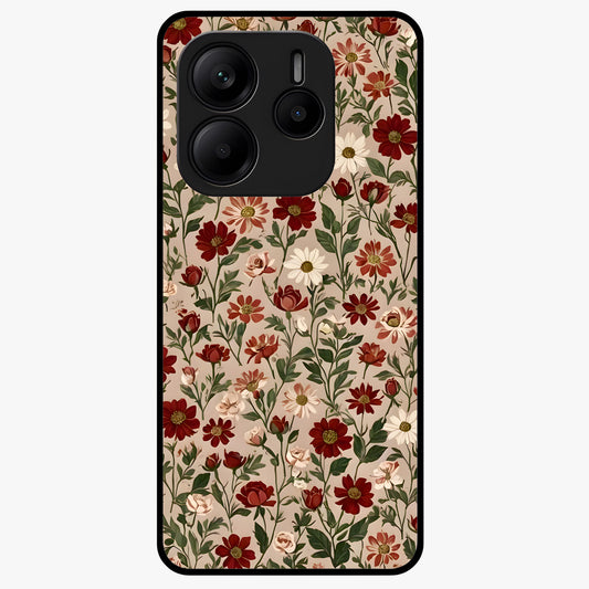 Biege Flower With Leaf Glass Case showing flat back view with soft beige floral artwork and glossy glass finish.