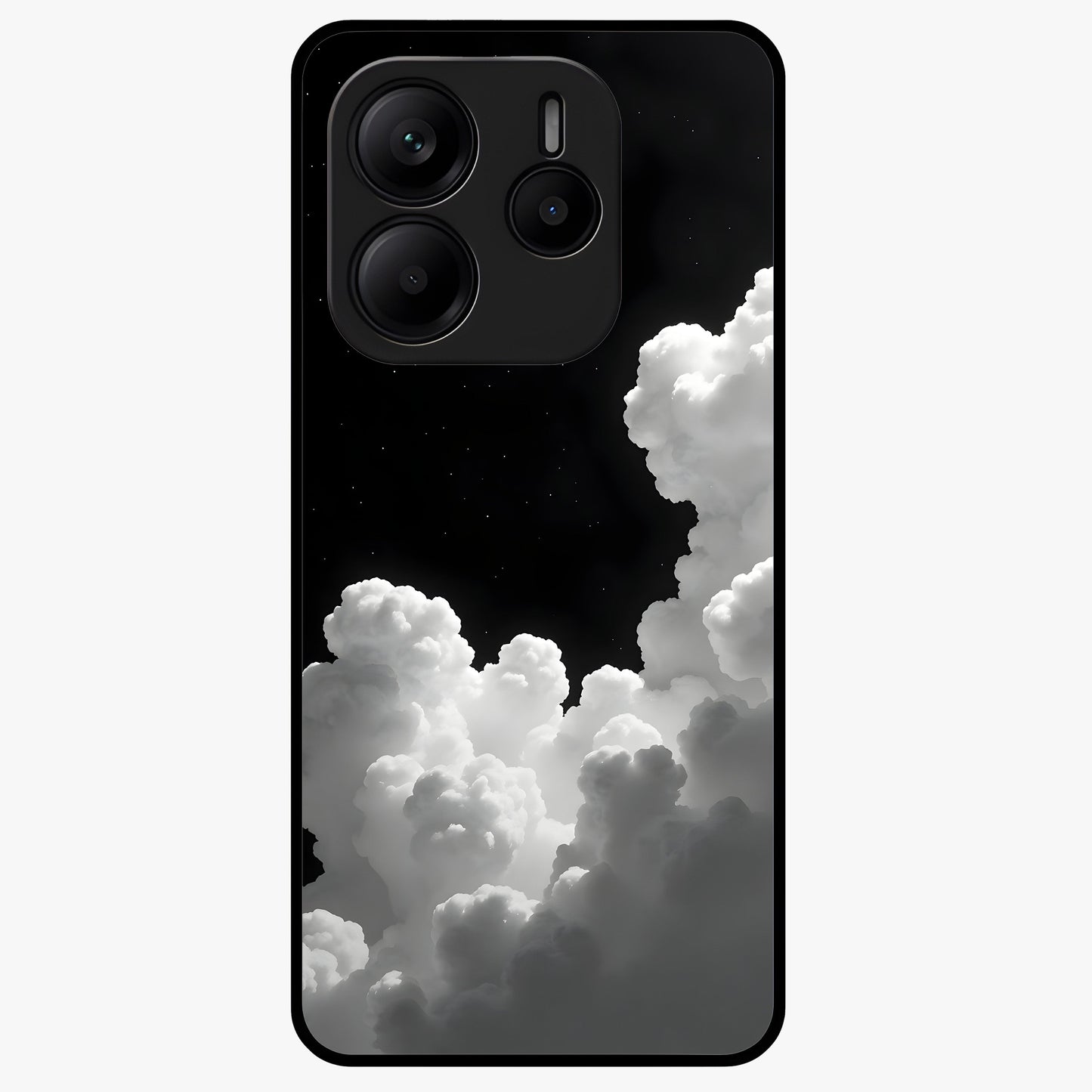 Black Background With White Cloud Glass Case showing flat back view with minimal cloud artwork on dark background and glossy glass finish.