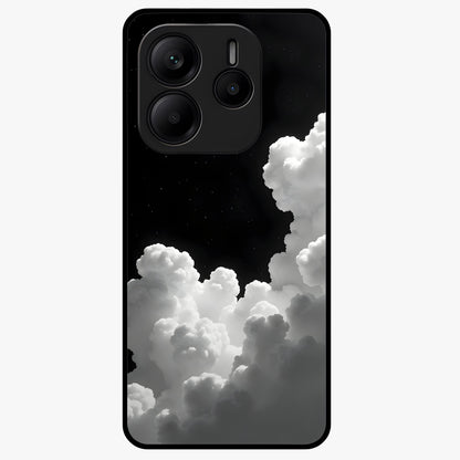Black Background With White Cloud Glass Case showing flat back view with minimal cloud artwork on dark background and glossy glass finish.