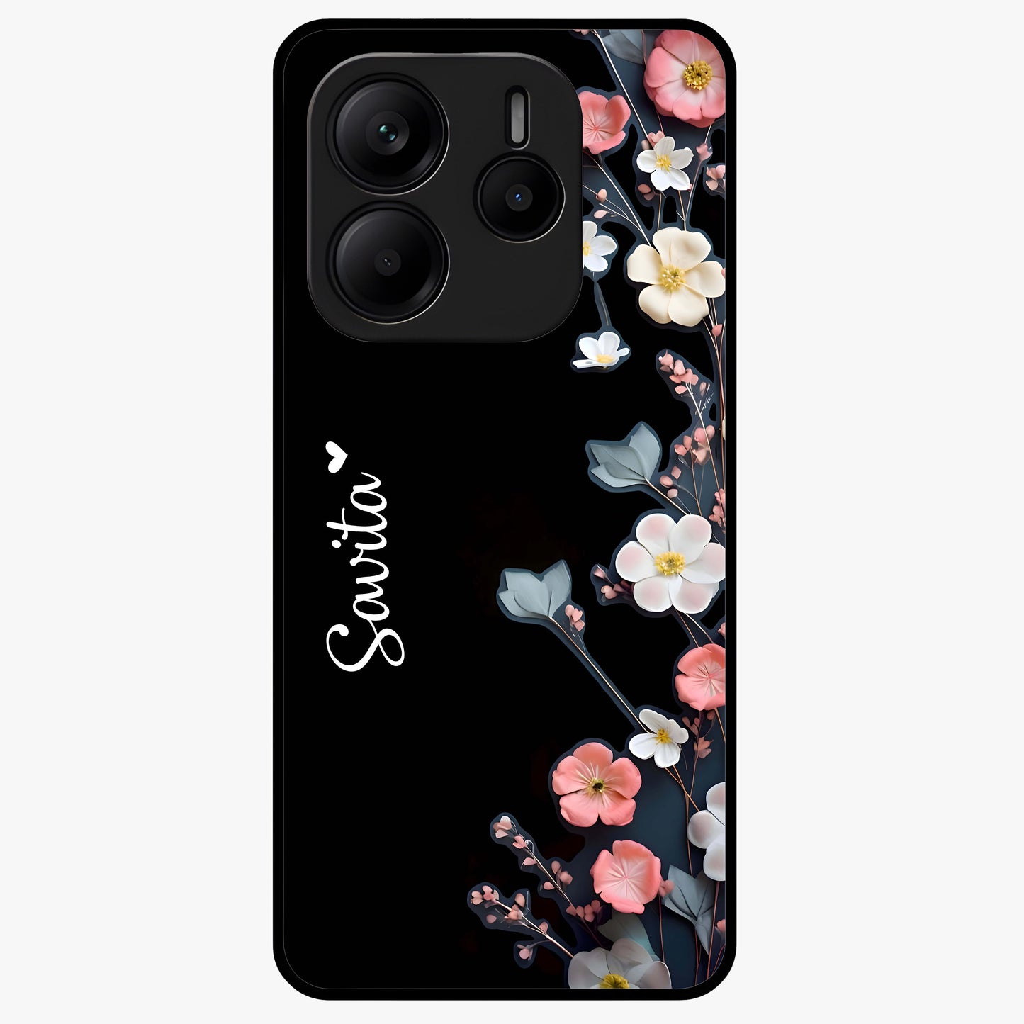 Black Elegance Floral Custom Name Glass Case showing flat back view with elegant floral artwork and personalized name design.