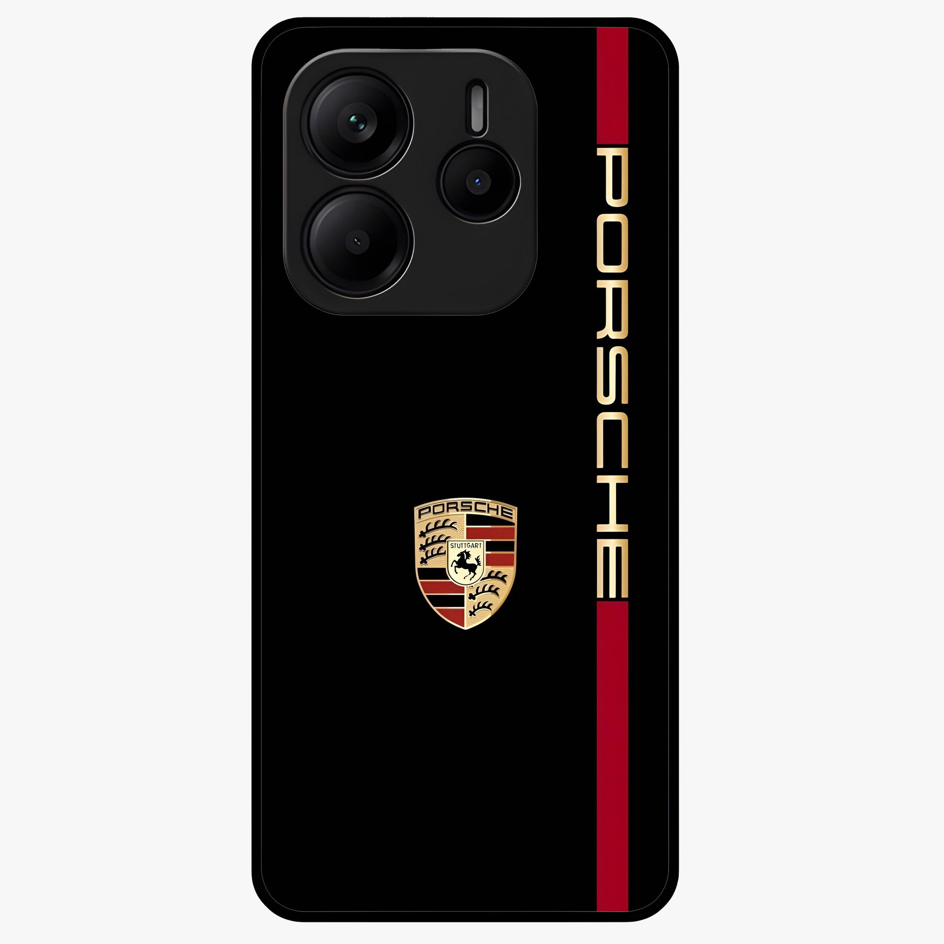 Black Minimal Porsche Glass Case showing flat back view with sleek minimal sports car artwork and glossy glass finish.