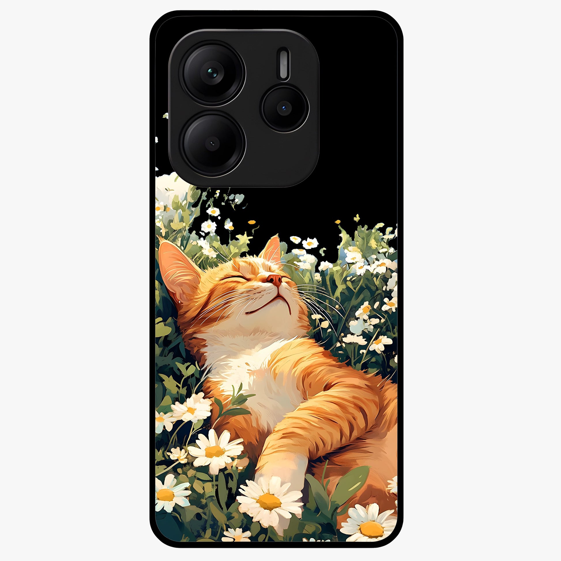 Blissful Bloom Cat Glass Case showing flat back view with cute cat and floral bloom artwork and glossy glass finish.