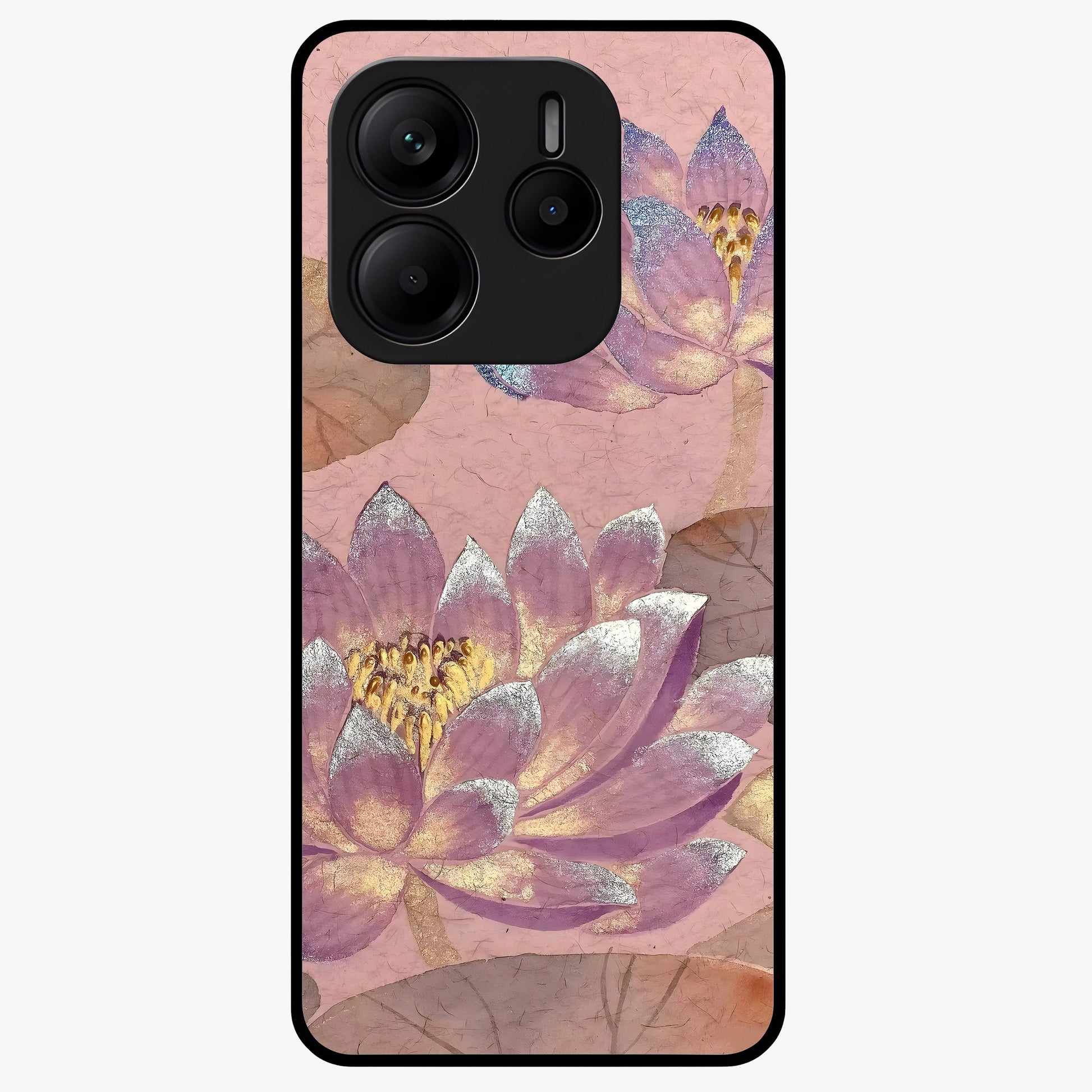 Blossom Mist Lotus Glass Case showing flat back view with serene lotus blossom artwork and glossy glass finish.