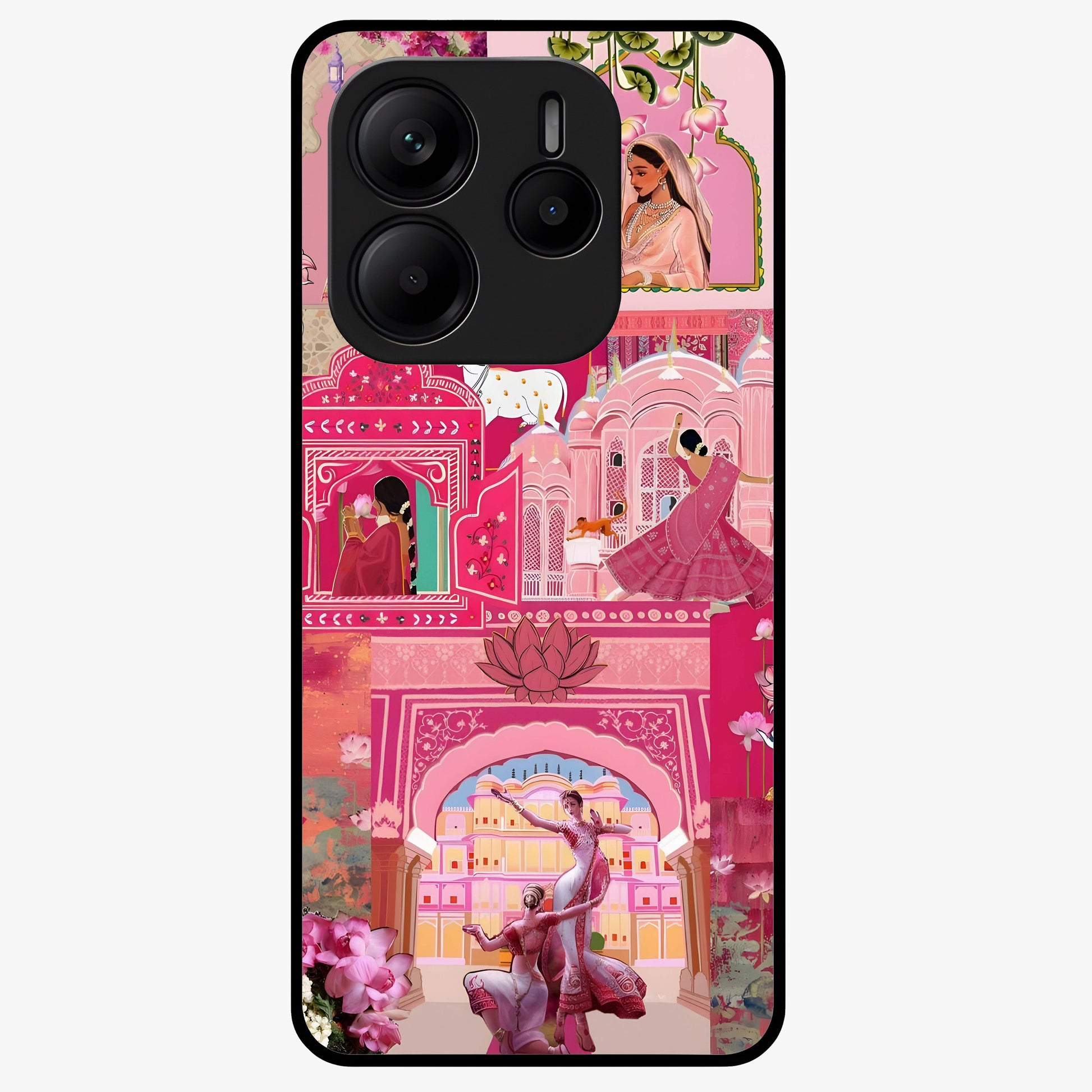 Blossoms of Rajasthan Glass Case showing flat back view with traditional floral artwork inspired by Rajasthan and glossy glass finish.