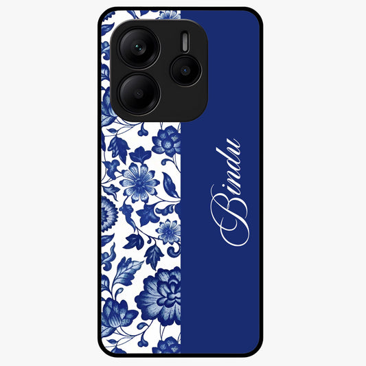 Blue Vintage Floral Pattern Glass Case upright view showcasing timeless floral illustration with vintage inspired style.