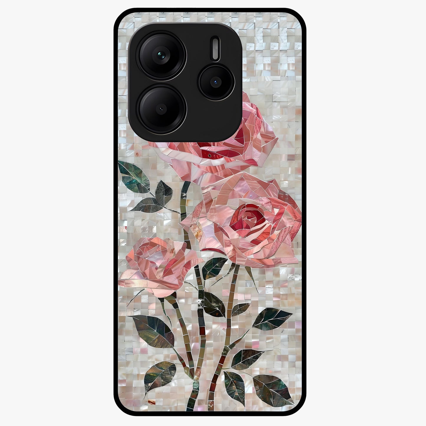 Blush Mosaic Bloom Glass Case showing flat back view with mosaic floral bloom artwork and glossy glass finish.