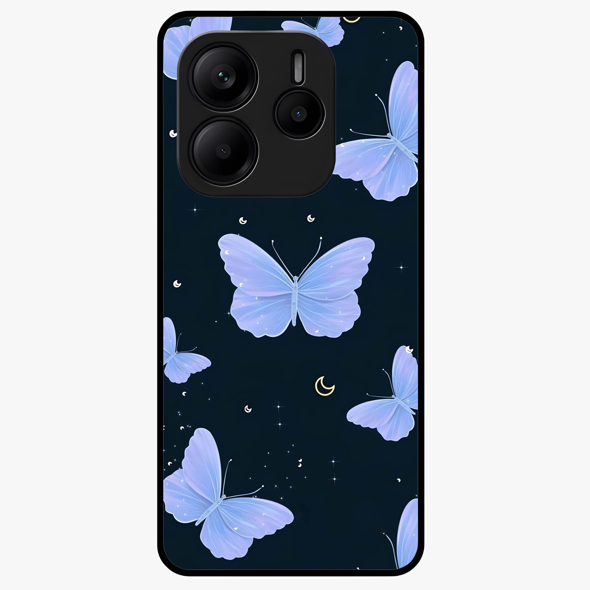Butterfly With Stars Pattern Glass Case showing flat back view with butterfly and star pattern artwork and glossy glass finish.