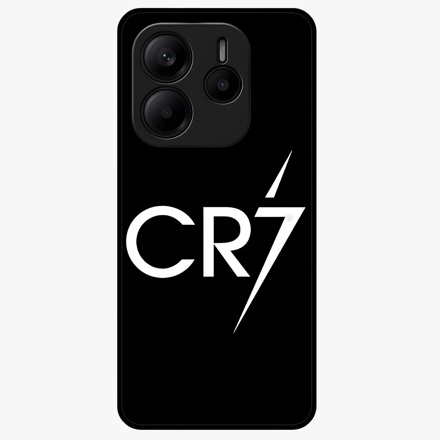 Cr7 Elite Strike Glass Case showing flat back view with dynamic football inspired artwork and glossy glass finish.